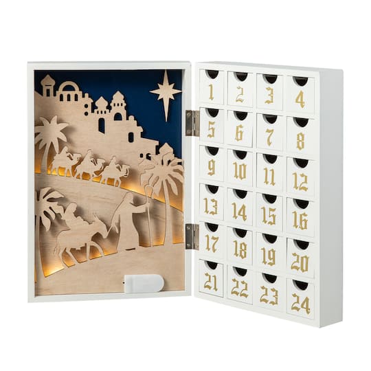 Glitzhome; Glitzhome® 17" Lighted Christmas Nativity Advent Calendar Décor; Category:Christmas Tabletop Decor; Image:1